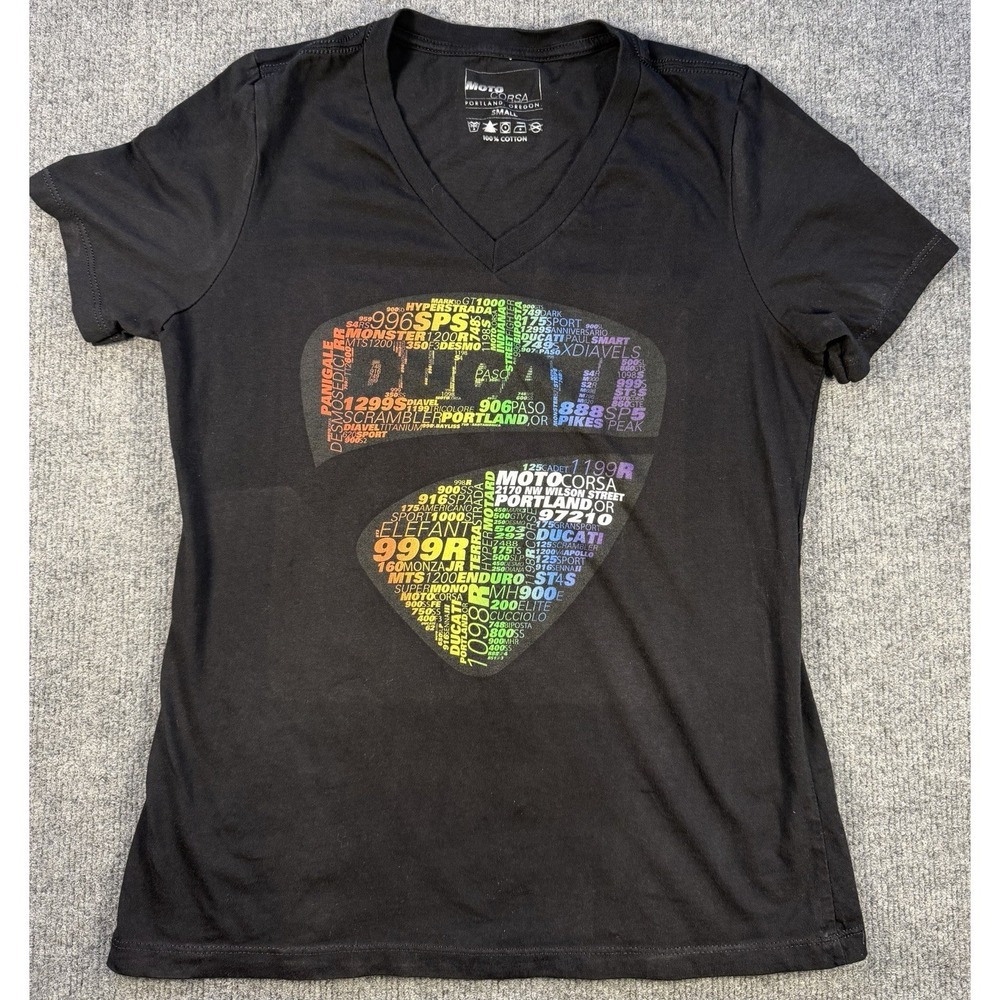 MotoCorsa Portland Oregon Ducati V Neck T Shirt‎ Womens Small Black Graphic